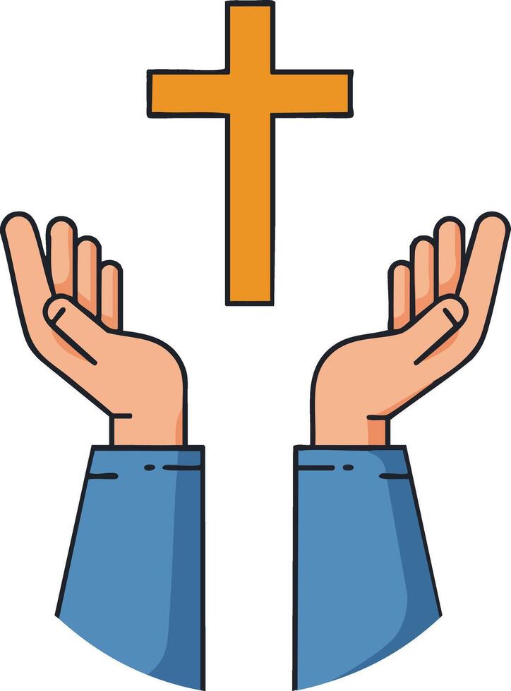Hands Raised in Prayer with Orange Cross Symbol Christian Faith and Spirituality Illustration vector