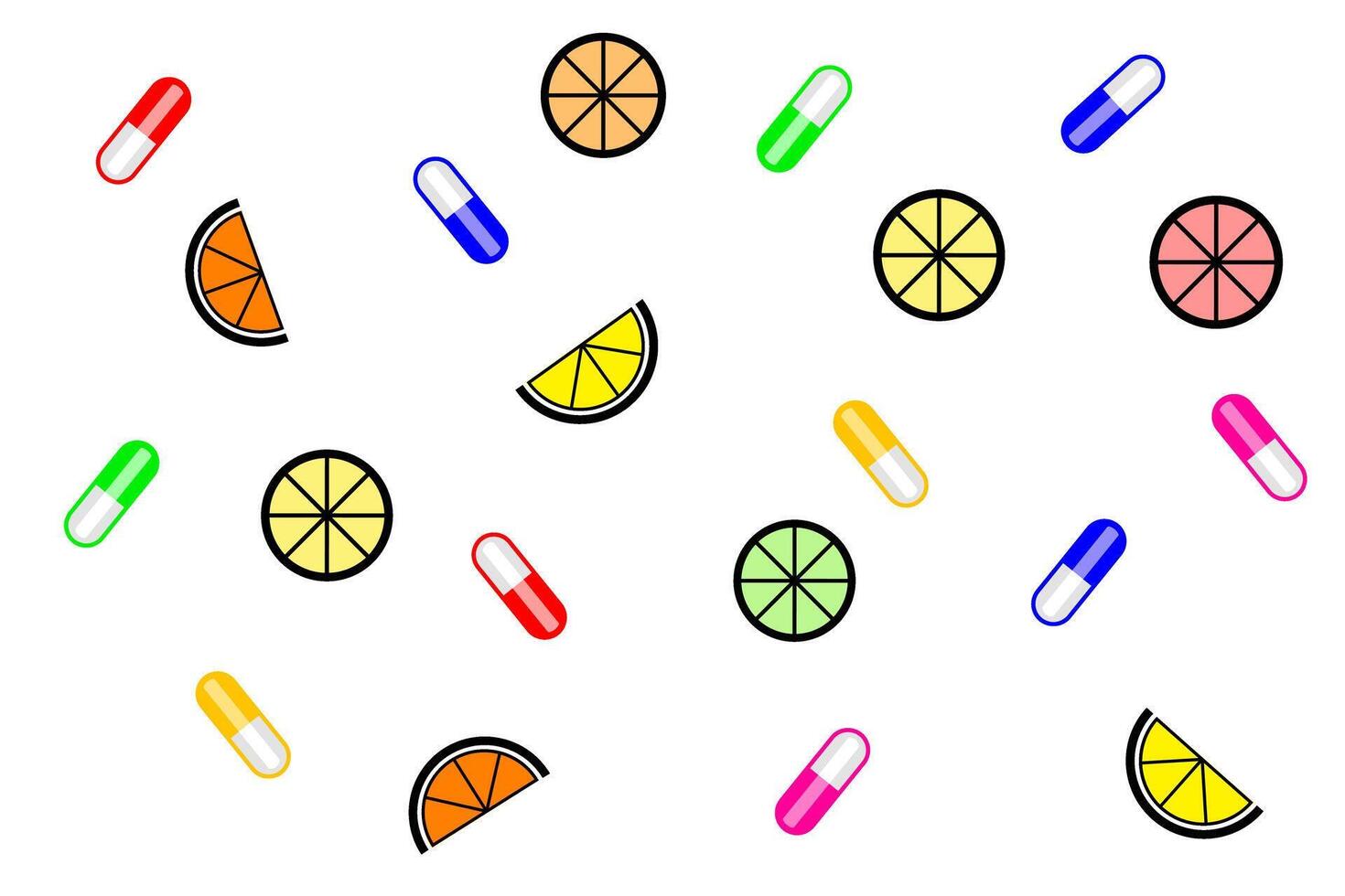 Colorful assortment of fruits and capsules with vivid shapes scattered on a white background vector