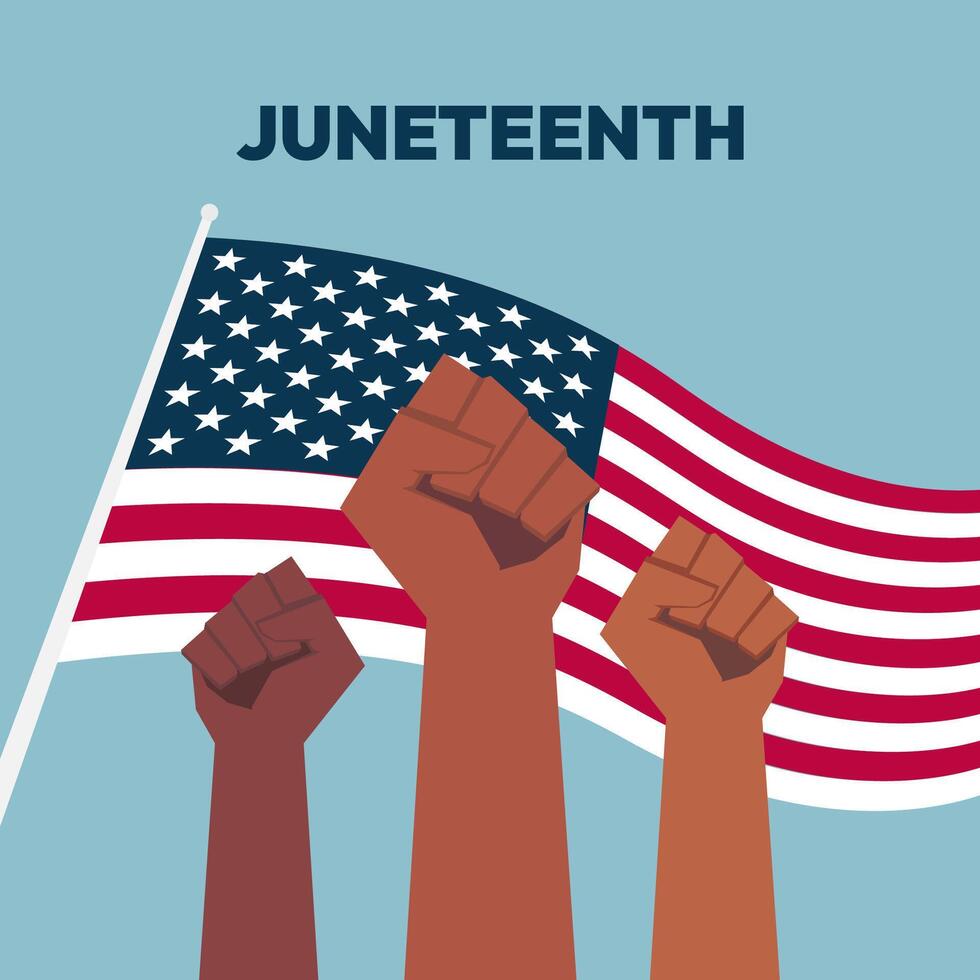An American Flag Celebrating Juneteenth with Three People Raising Their Hands vector