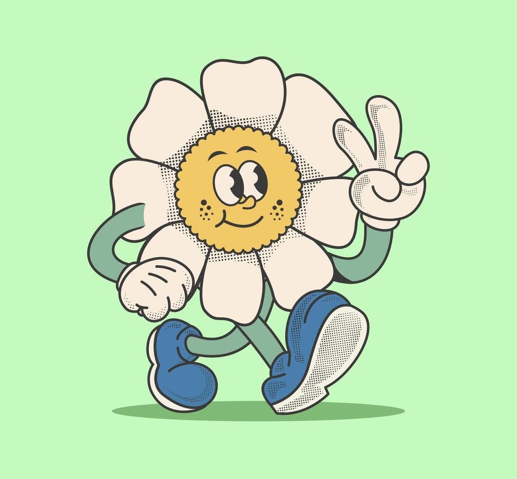 retro flower cartoon character with a cute face and groovy 70s style. fun, playful, and perfect for stickers, prints vector
