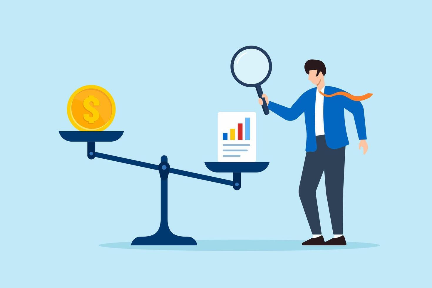Flat illustration of businessman using magnifier to weigh coin and chart sheet on balance scale for financial analysis and decision making vector