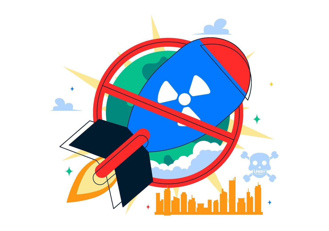Anti-Nuclear Weapons Day Art with Explosion Scene in Flat Cartoon Background vector