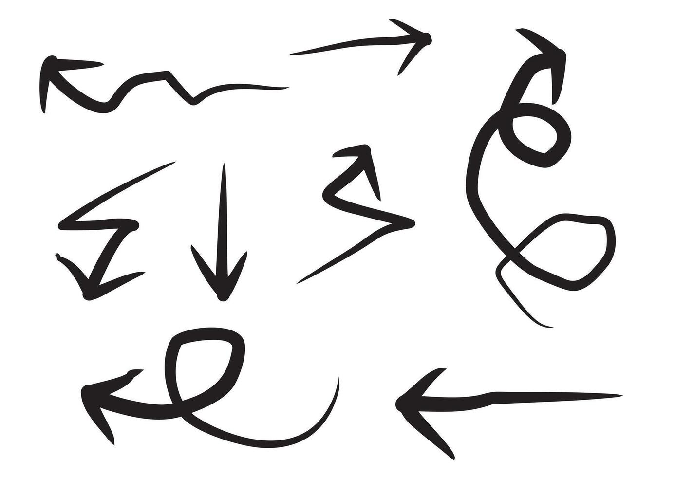 Set of expressive hand drawn arrows in various styles, perfect for adding emphasis, direction, or a quirky touch to designs. Ideal for presentations and creative layouts vector