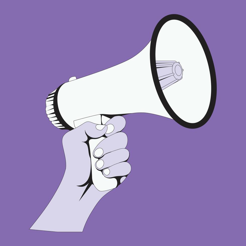 illustration of a hand gripping a megaphone over purple background. Ideal for activism, campaign, marketing, protest design, social awareness posters, or loudspeaker announcements. vector