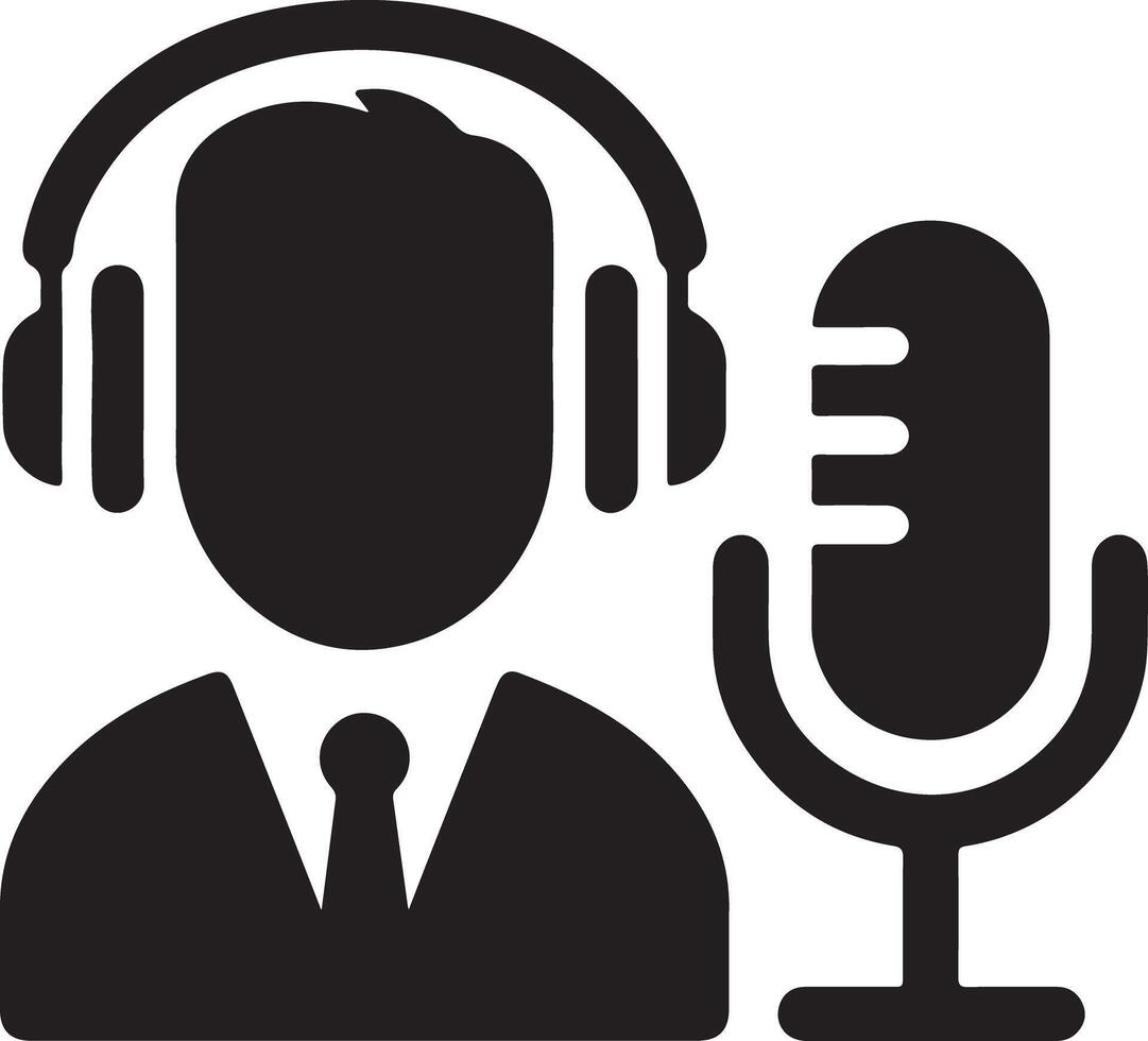 A simple black and white icon of a person with headphones and a microphone for recording vector