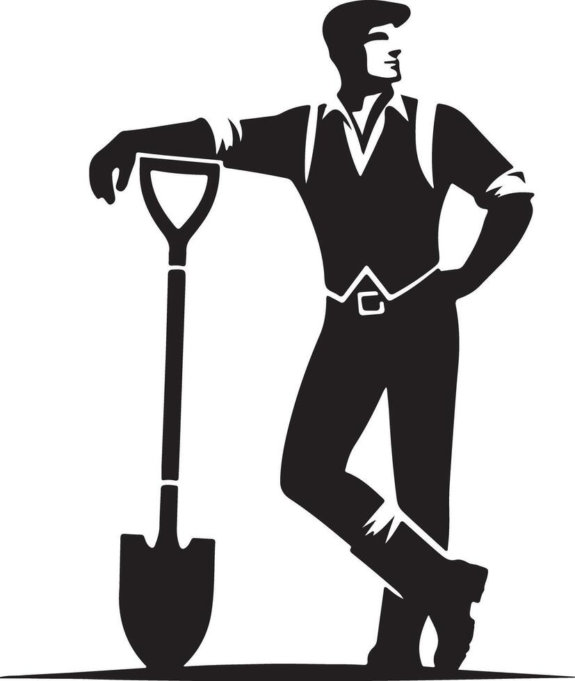 A silhouette of a man in work clothes leaning on a shovel looking off to the side in black and white vector