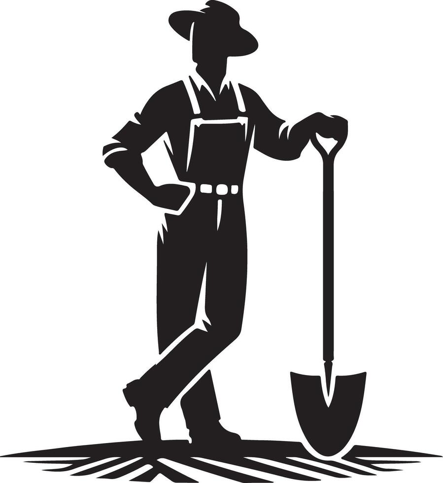 Silhouette of a farmer with hat and overalls leaning on a shovel in a field design vector