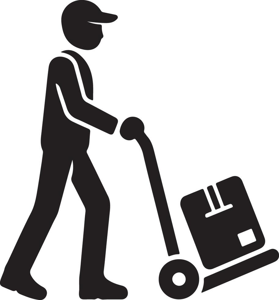 A delivery person in silhouette pulling a hand truck with a box on a white background vector