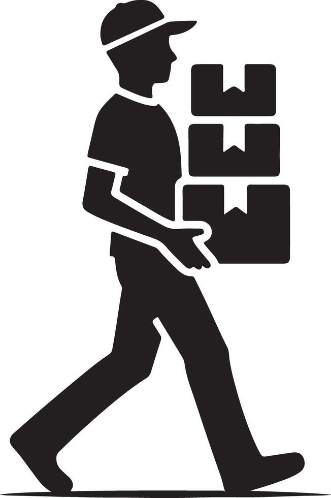A delivery person in silhouette carrying three boxes while walking on a white background vector