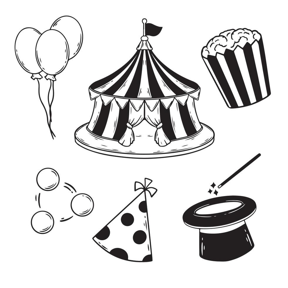 Circus doodle set. Hand drawn black and white illustration vector