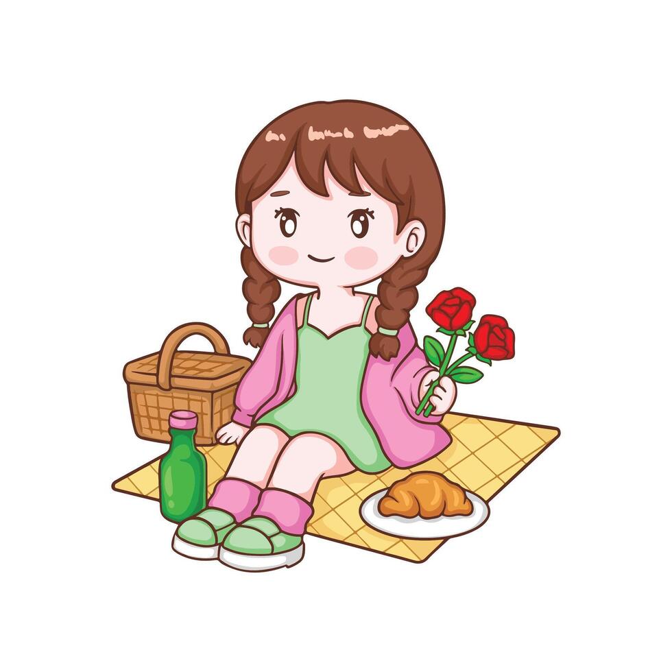 Illustration of cute girl Picnic with a Flower vector