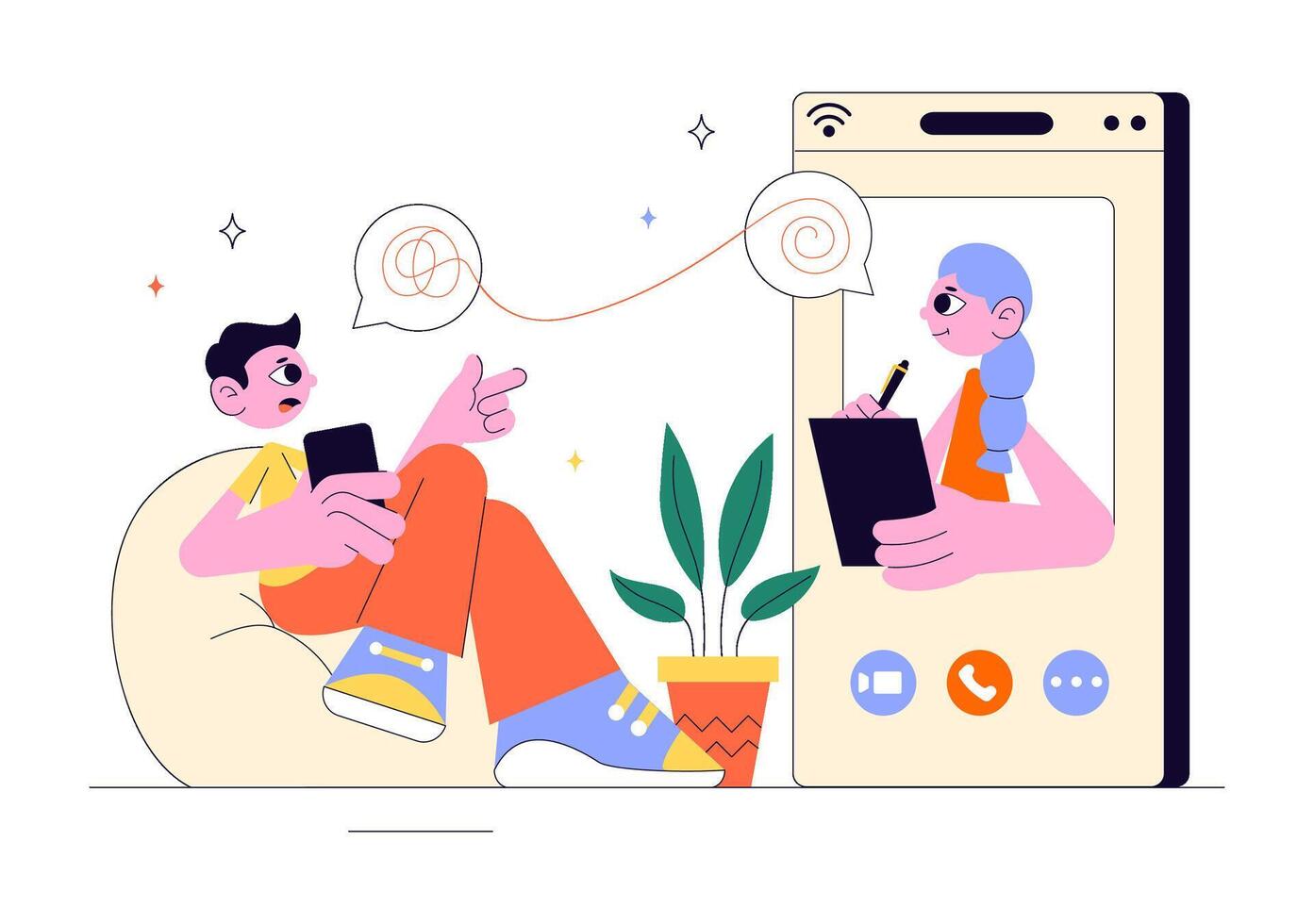 Teletherapy Illustration with Smartphone Showing Counseling Session in Flat Cartoon Design vector