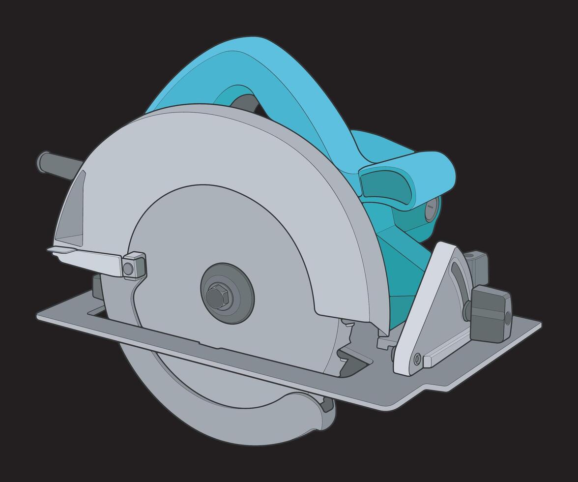 Illustration of Circular Saw Power Tool isolated on black background. Cordless Handheld Electric Wood Cutter vector
