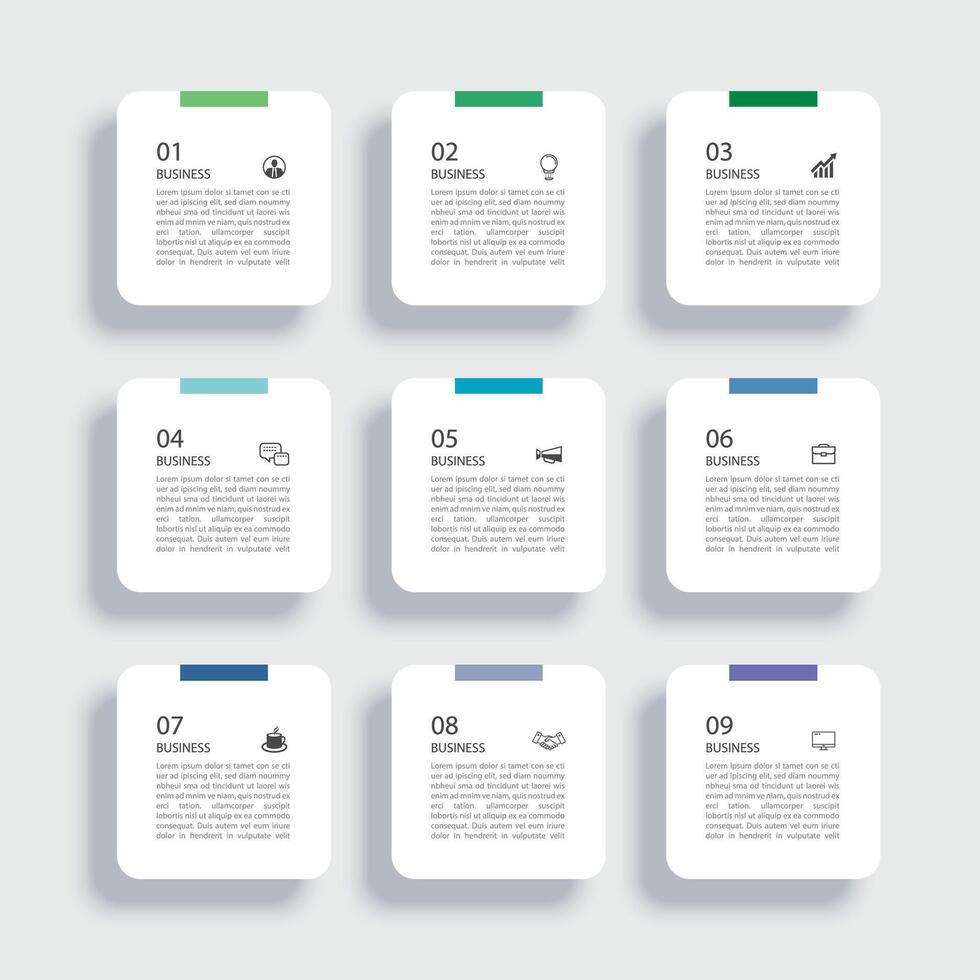 9 data infographics square tab label index template. Illustration business abstract background. vector