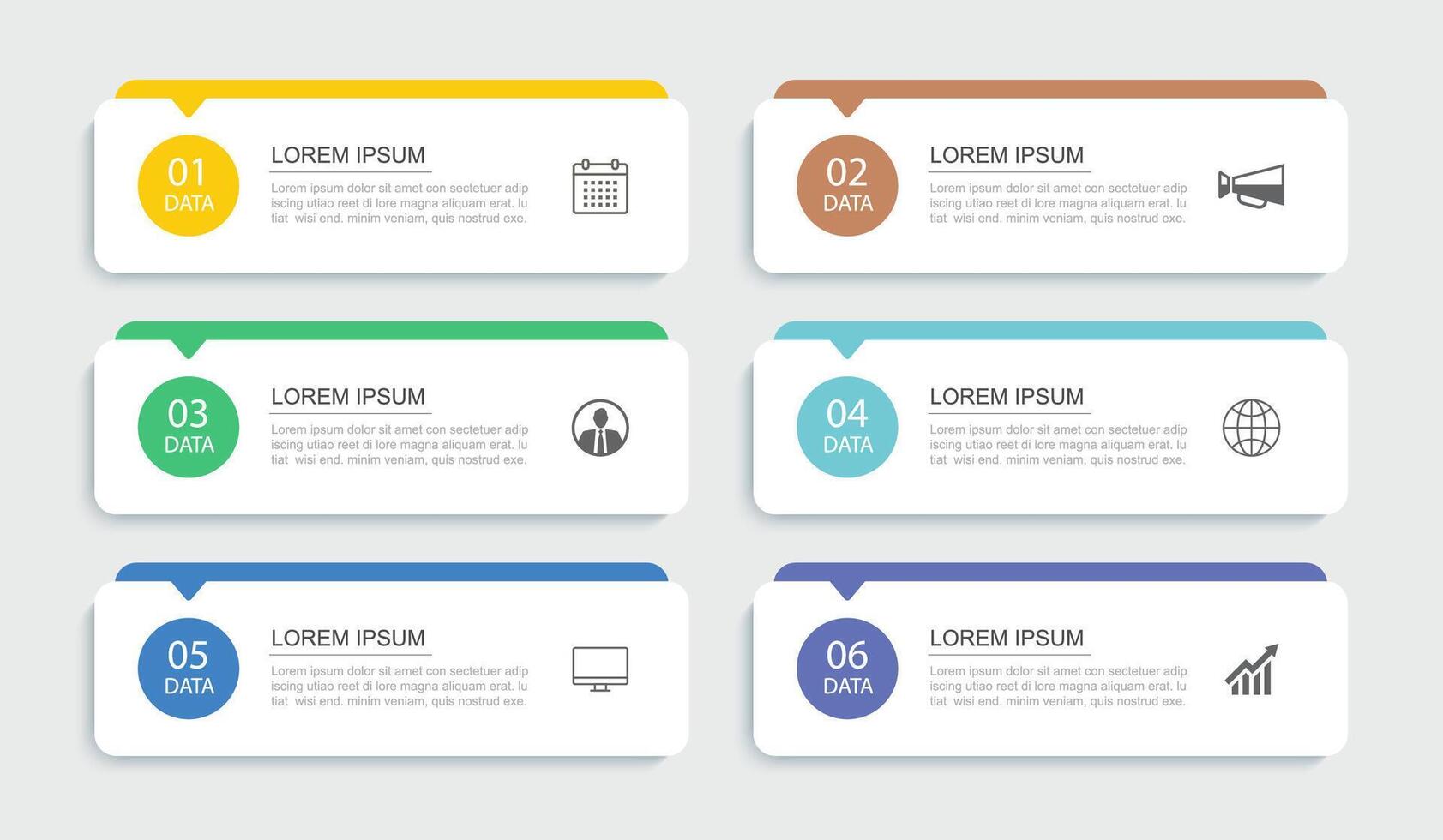 6 data infographics rectangle tab index template. Illustration business abstract background. vector