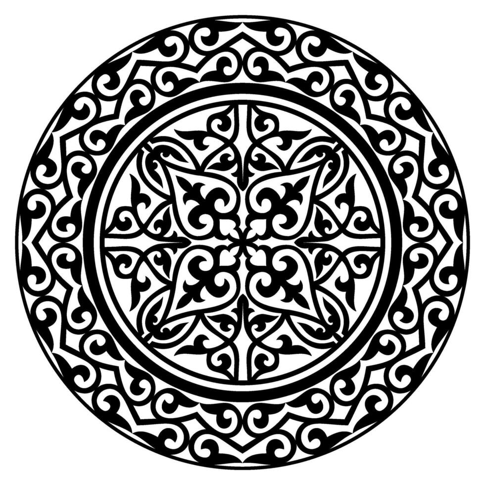 Black ethnic patterned plate. Kazakh ornament. Element of the national pattern of the ancient nomads. For decoration of clothes, yurts, medallion, ceramics vector