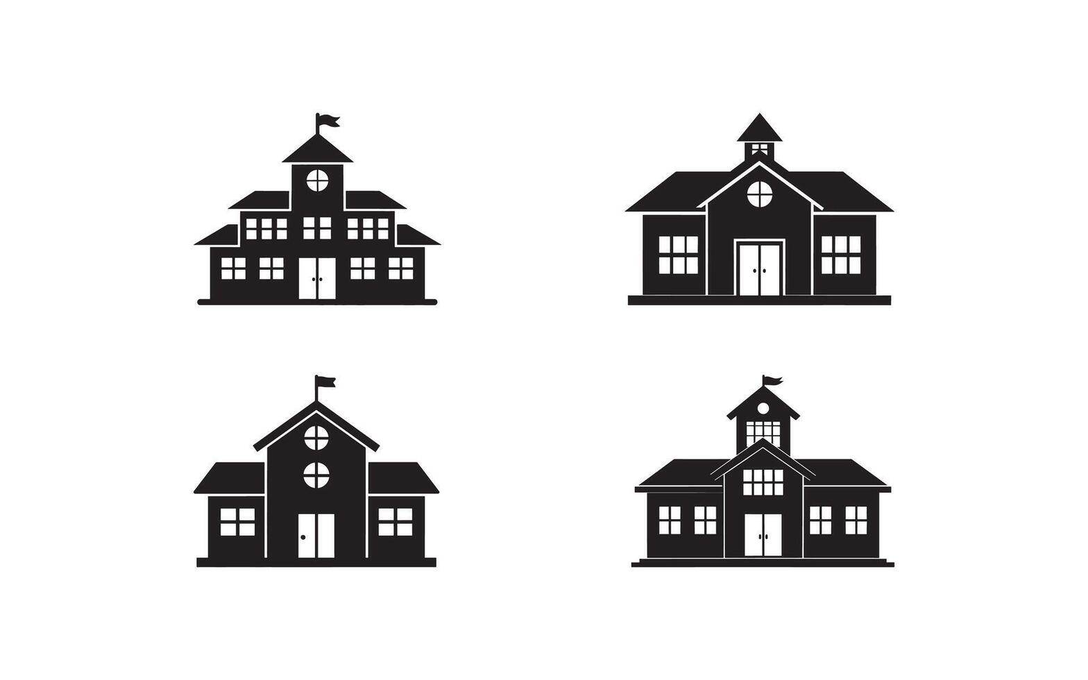 Set of black silhouettes depicting classic school buildings, showcasing details like roofs, windows, and entrances on a plain white backdrop. Useful for educational materials vector