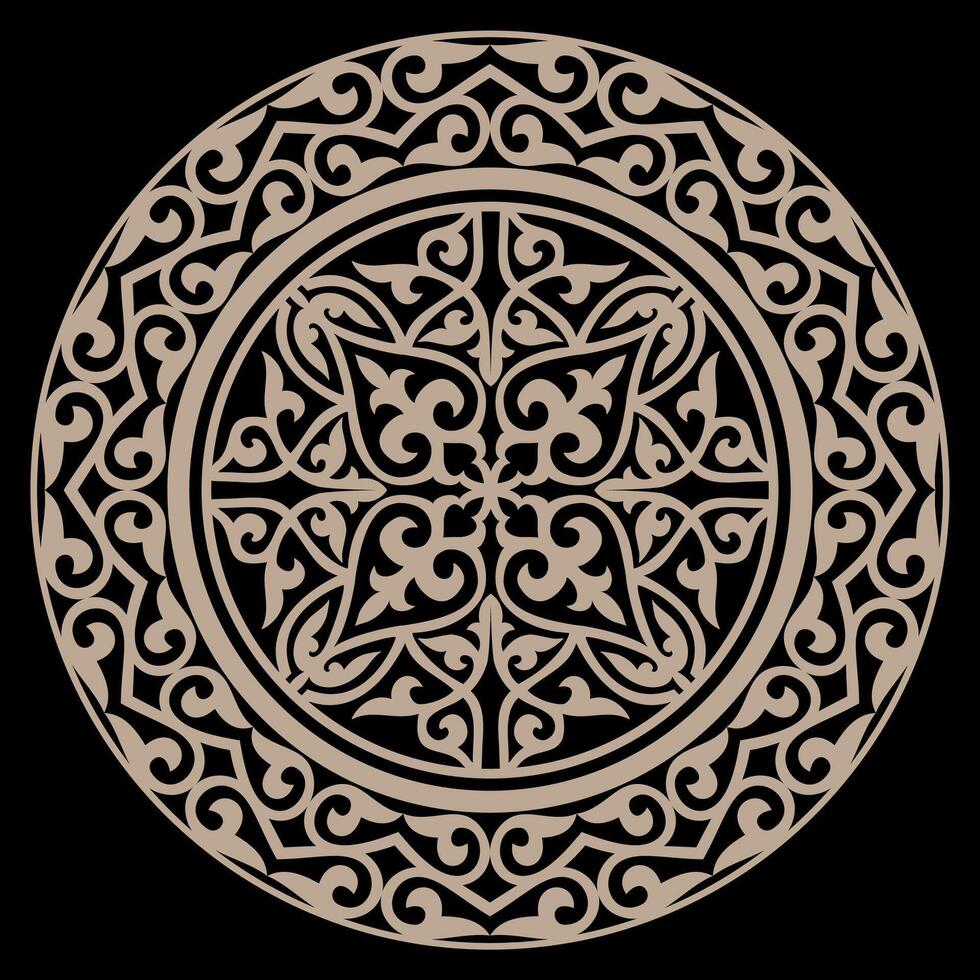 Golden ethnic patterned plate. Gold Kazakh ornament. Element of the national pattern of the ancient nomads. For decoration of clothes, yurts, medallion, ceramics vector