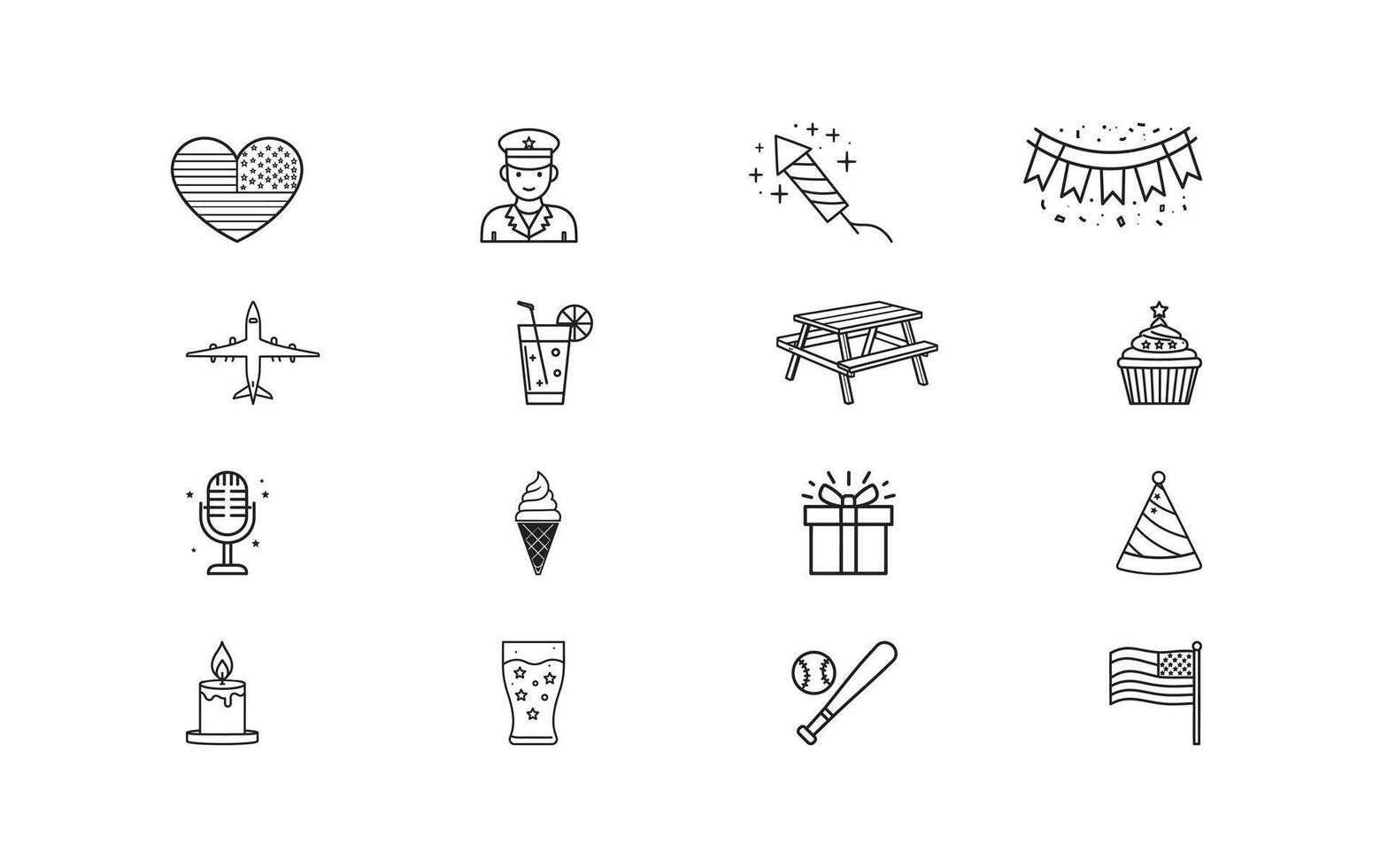 Line-style icons showing symbols of American pride and celebrations such as flags, food, and festivities. Perfect for representing national holidays, celebrations, and patriotic-themed events. vector