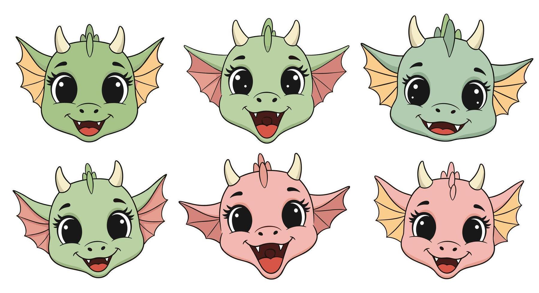 Cartoon dragon heads with different expressions vector