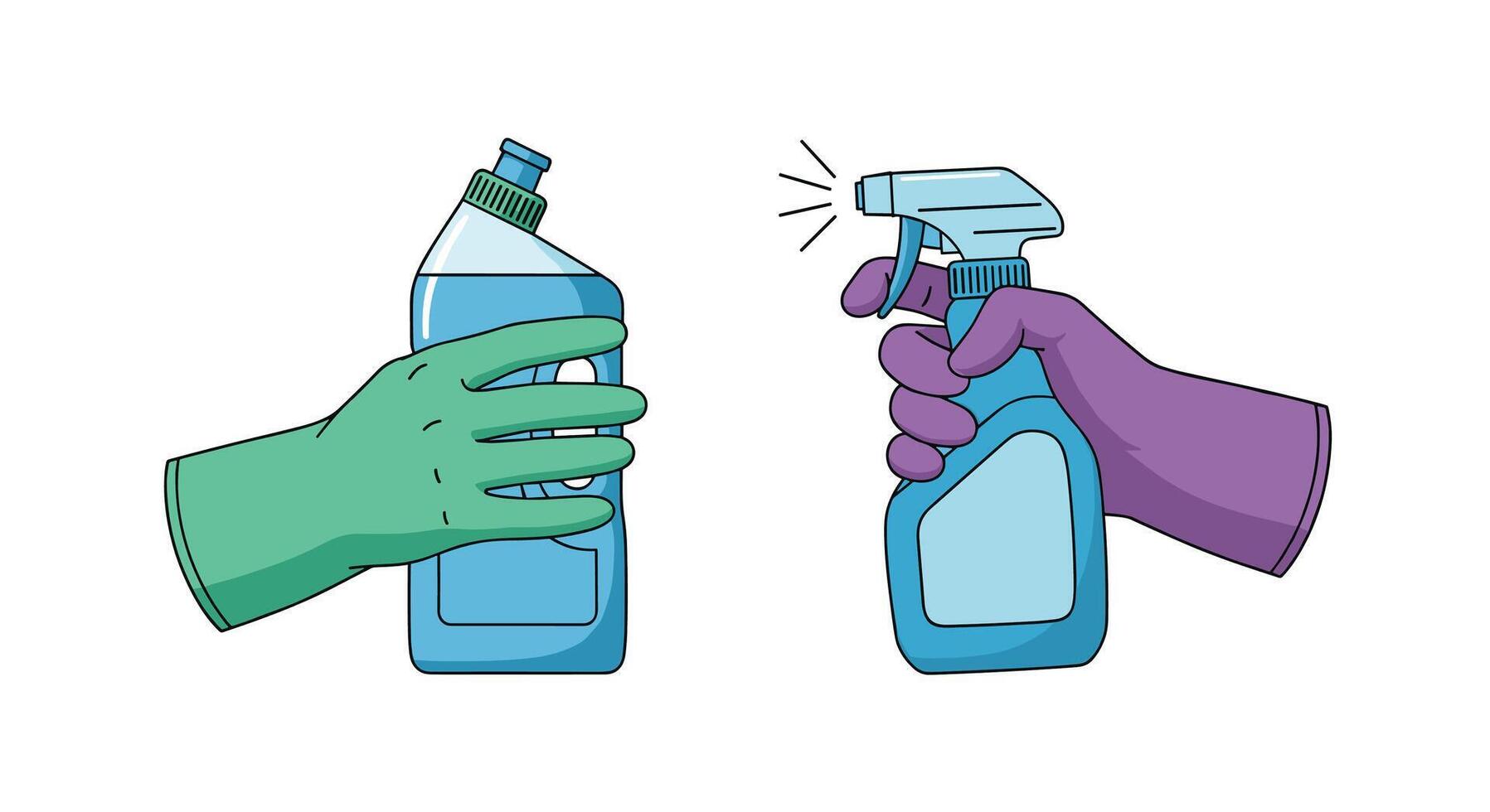 Two hands holding bottles of cleaning products vector