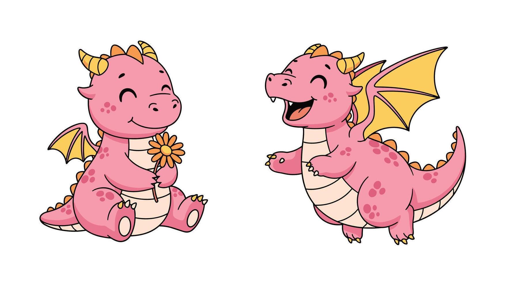 Two cartoon pink dragons with wings and horns vector