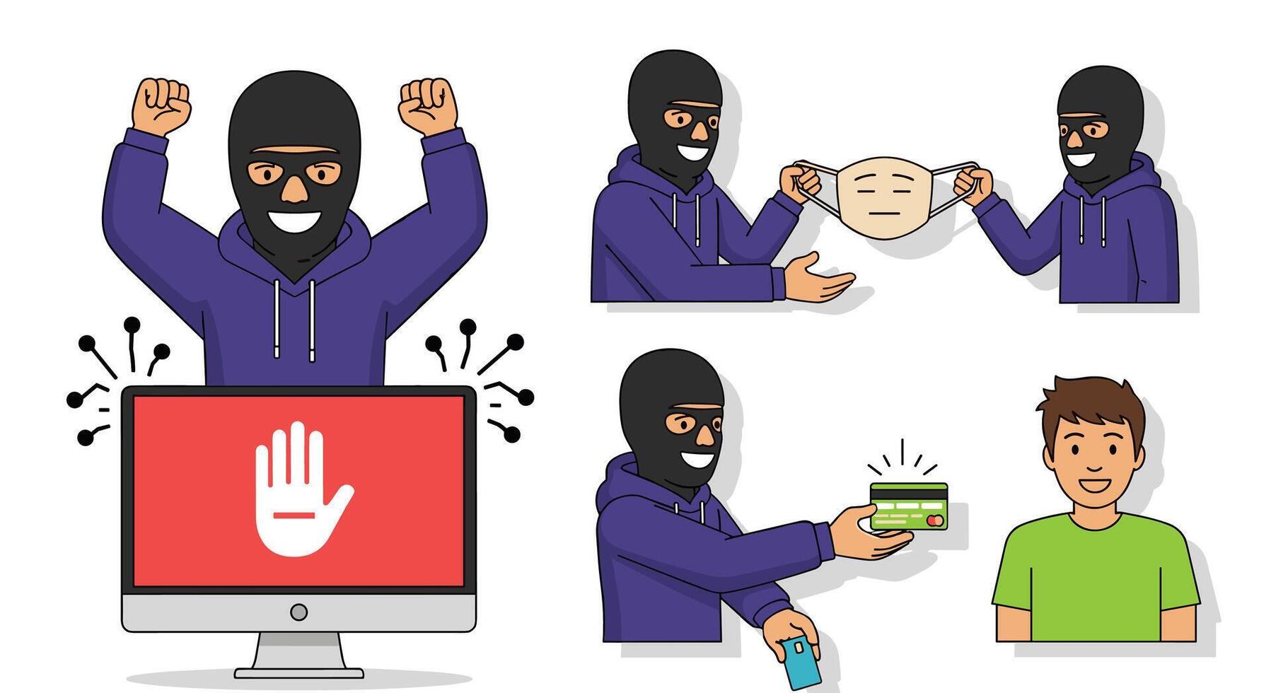 A man in a mask is holding a computer and a mask vector