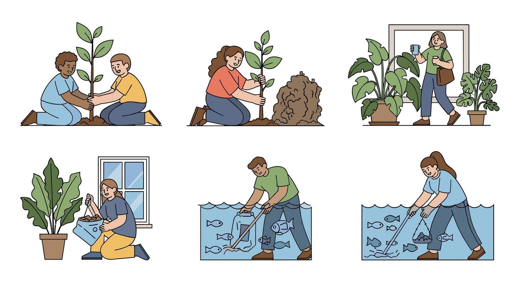 People planting plants in a garden vector