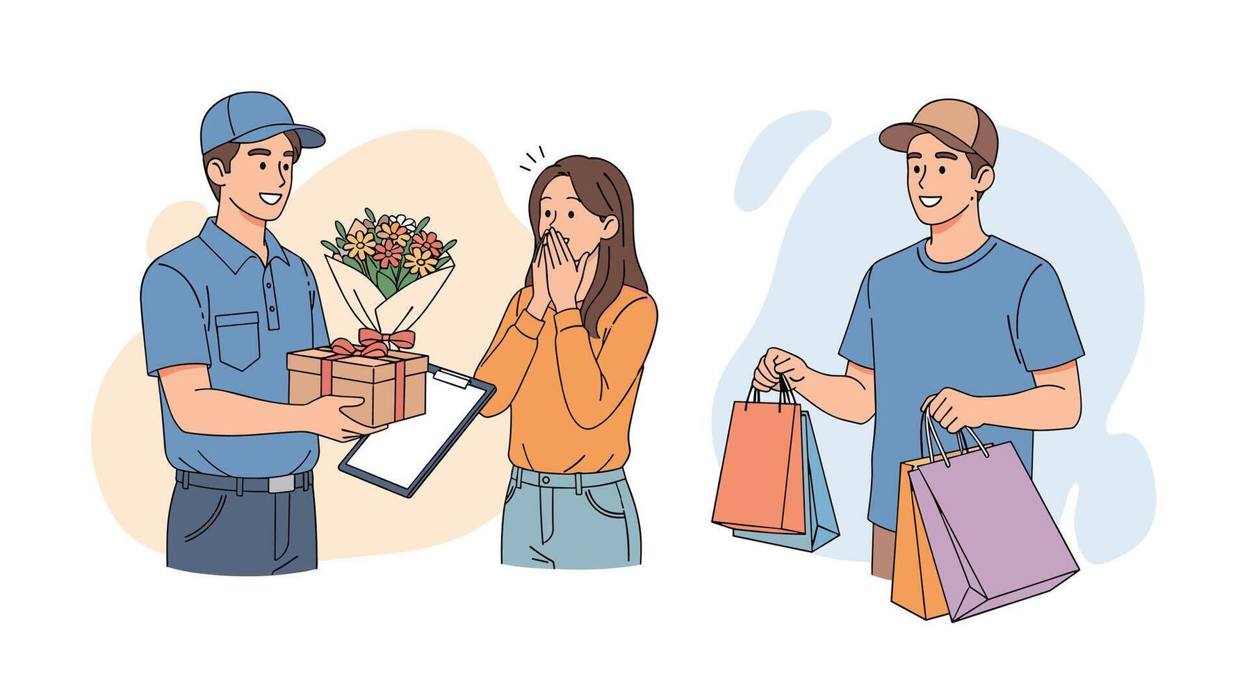 A man and woman are holding flowers and shopping bags vector