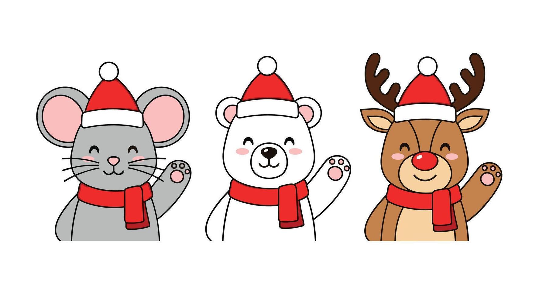 Three cartoon mice wearing santa hats and holding up their hands vector