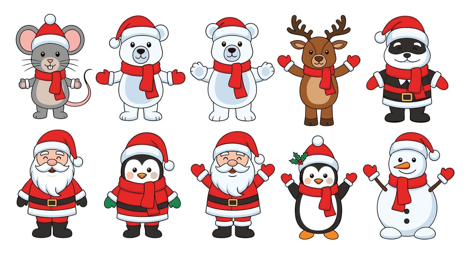 Christmas cartoon santa, penguin, bear, mouse, and other animals vector