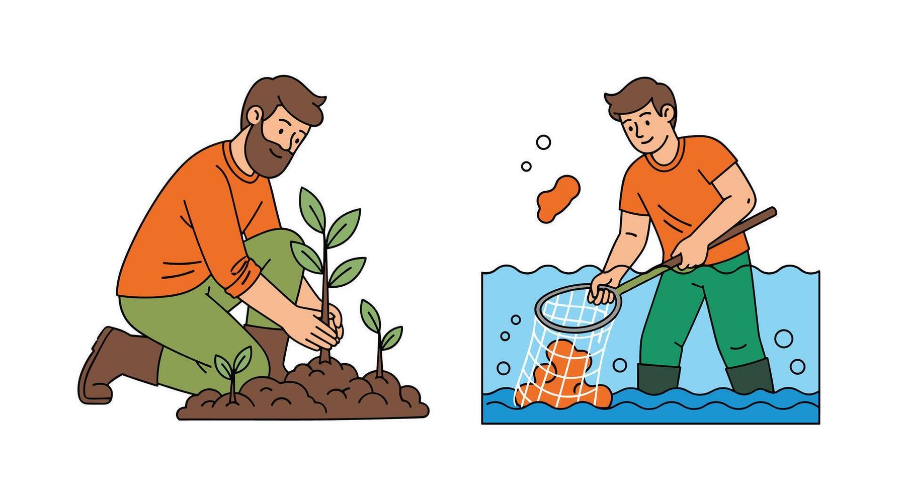 Two illustrations of a man planting trees and a man in the water vector
