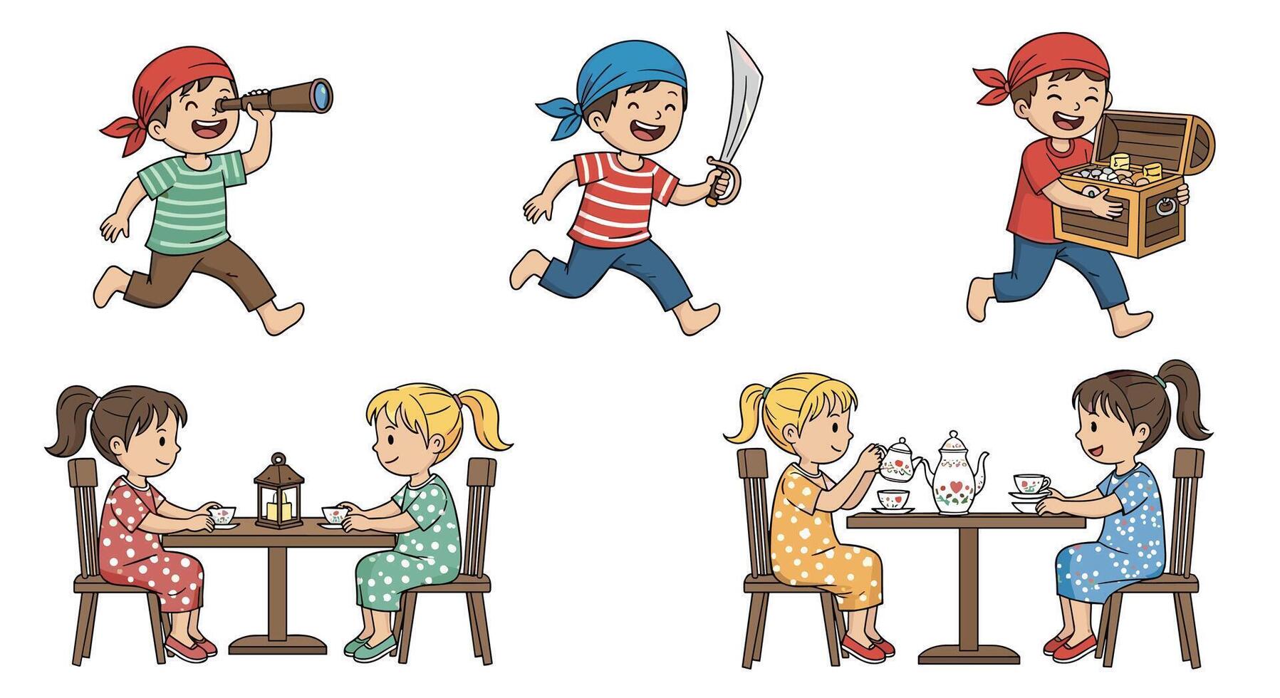Cartoon pirates set of children playing at table vector