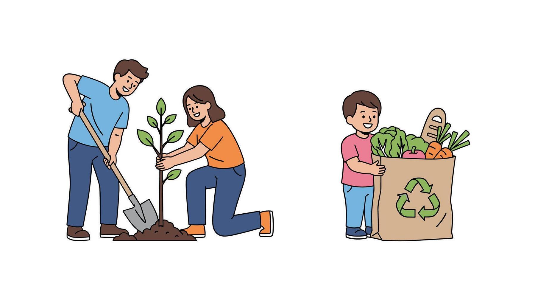Two people are planting trees and vegetables vector