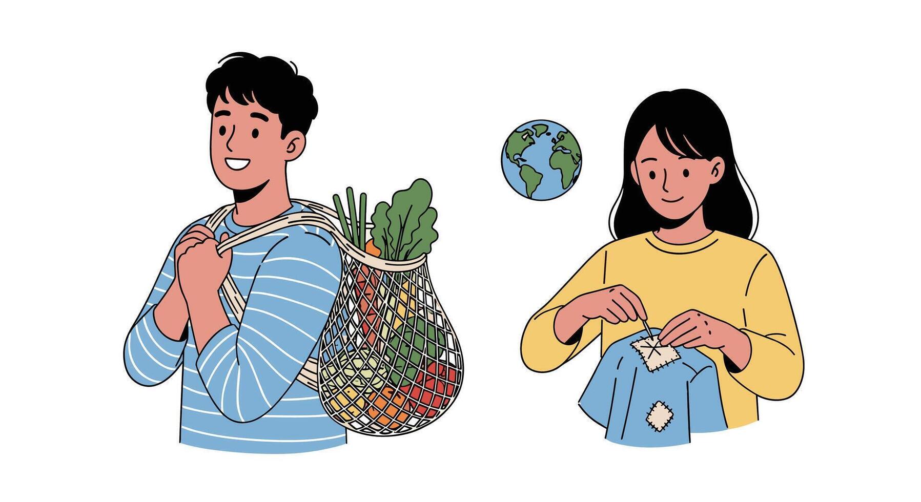 A man and woman are holding a bag of groceries vector