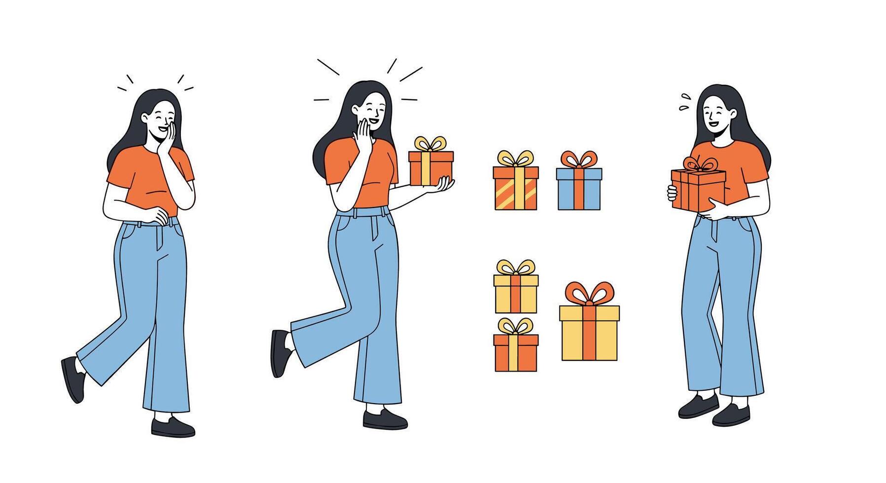 A woman holding a gift box and standing in different poses vector