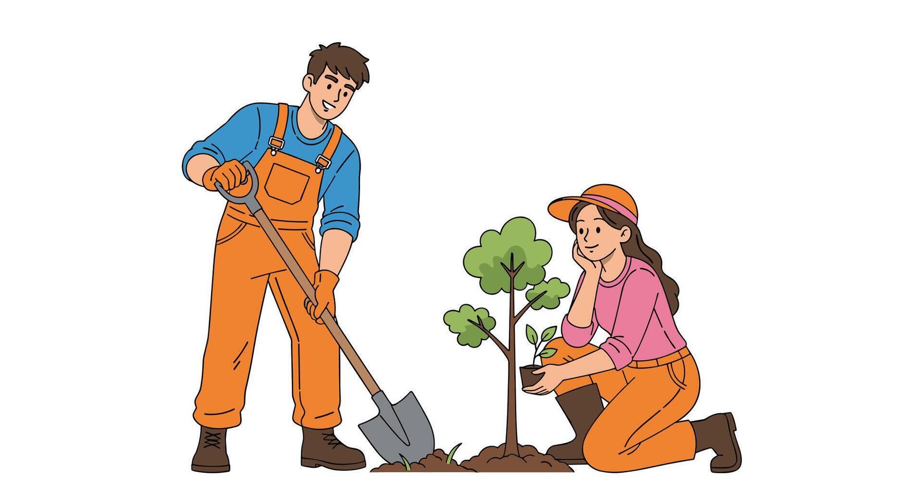 A man and woman are planting trees vector