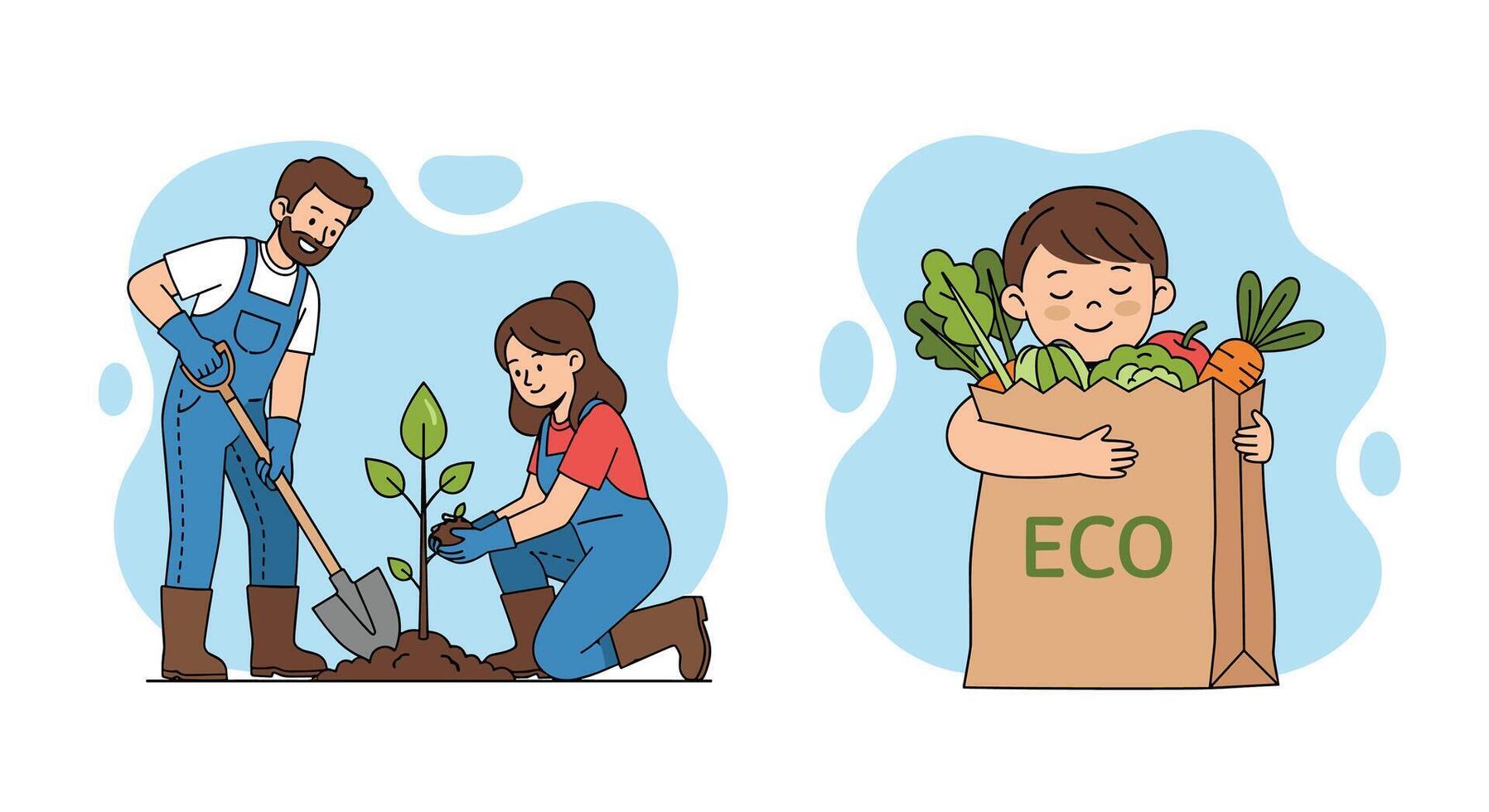 Eco-friendly family planting vegetables and trees vector