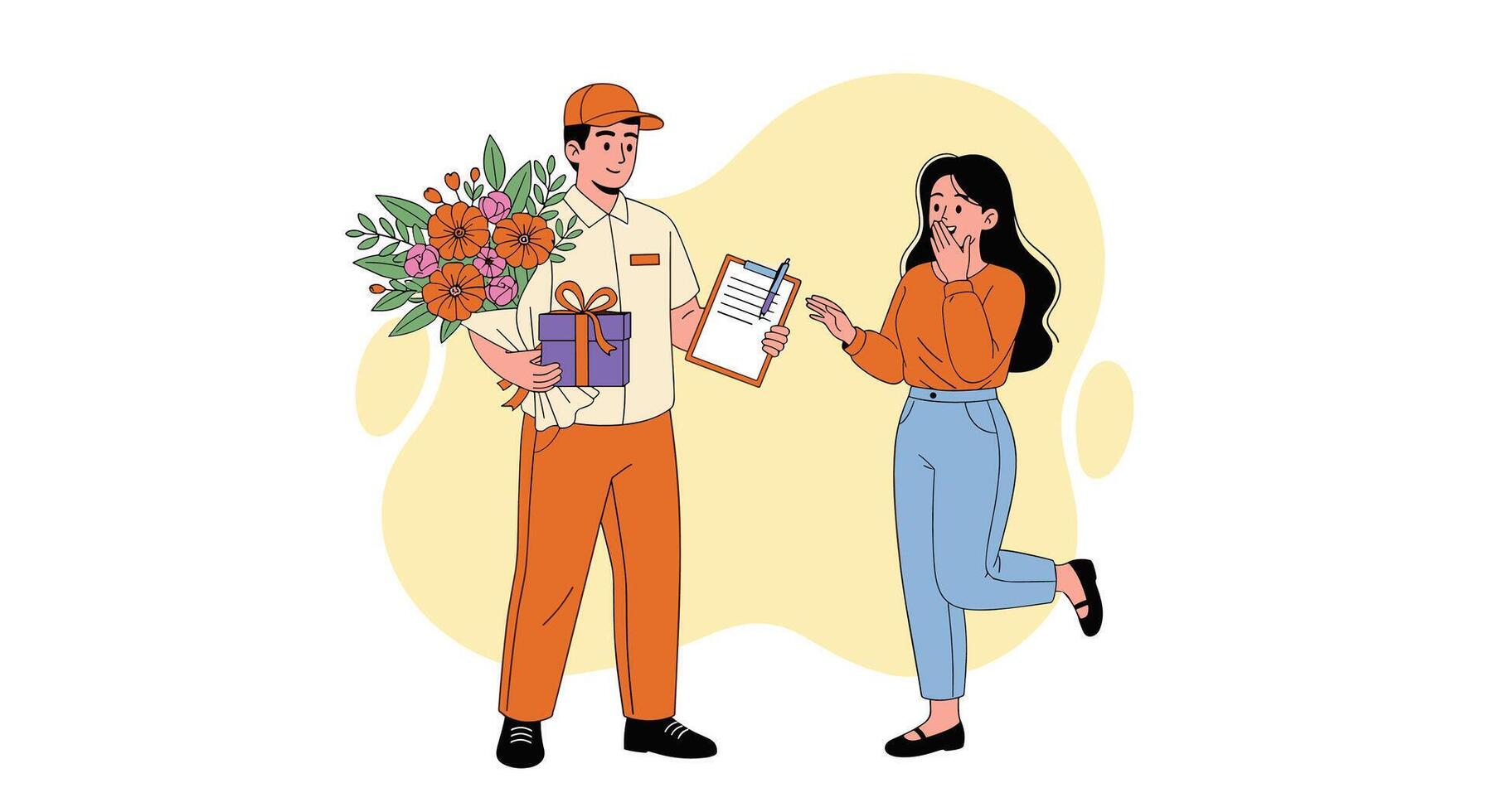 A man and woman are holding flowers and a box vector