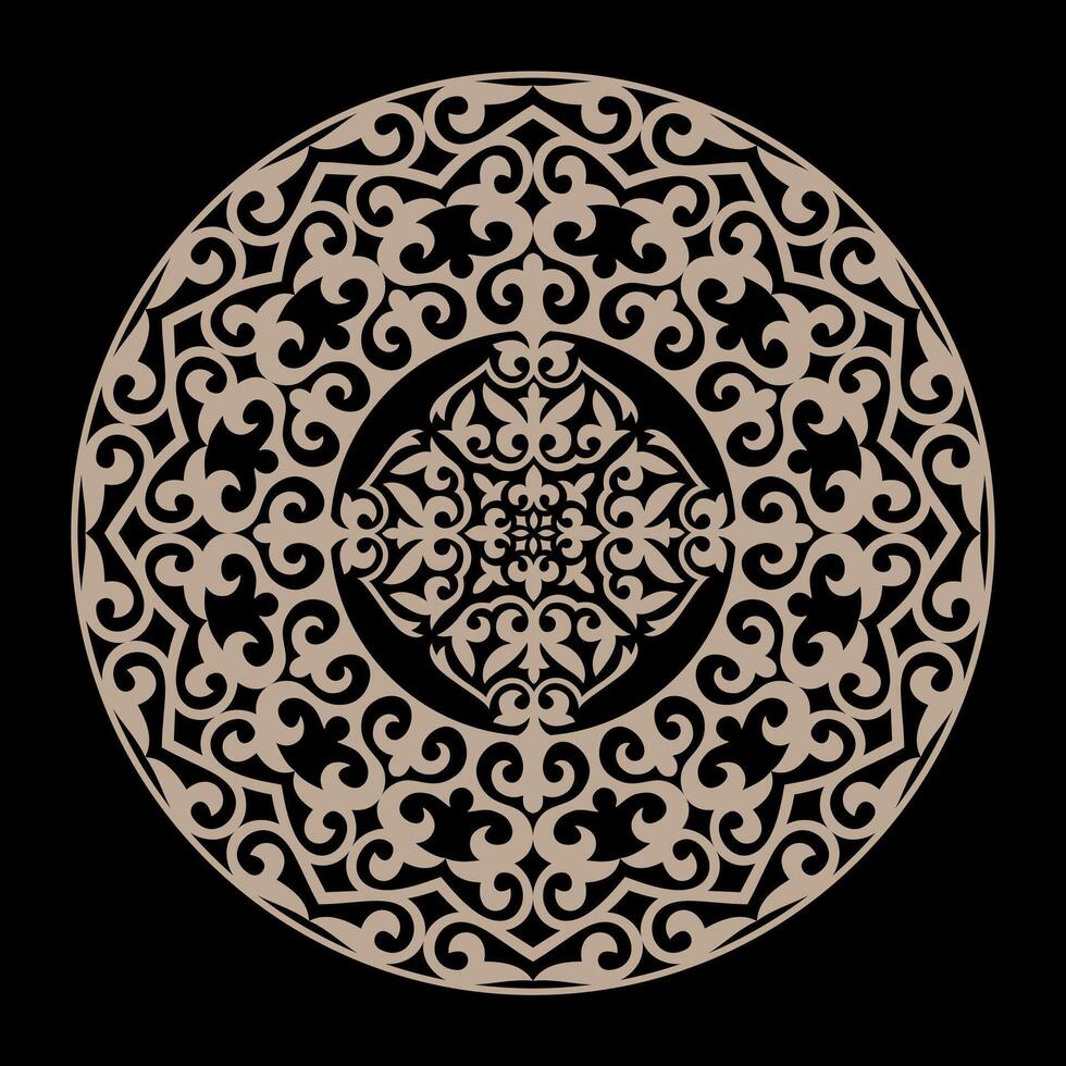 Golden lace round frame plate. Traditional round Turkic ornament. Oriental gold round pattern with arabesques. For ceramic, embroidery, sandblasting, laser. Islam, Indian, Ottoman motif vector
