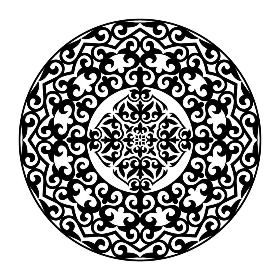 Black and white lace round frame plate. Traditional round Turkic ornament. Oriental black round pattern with arabesques. For ceramic, embroidery, sandblasting, laser. Islam, Indian, Ottoman motif vector
