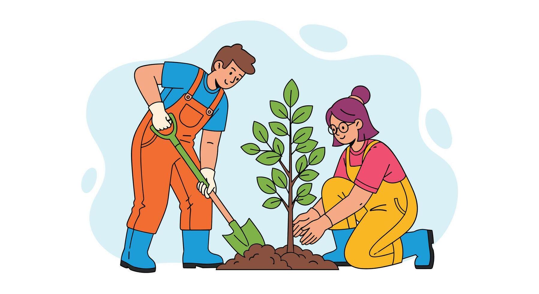 Two people are planting a tree vector