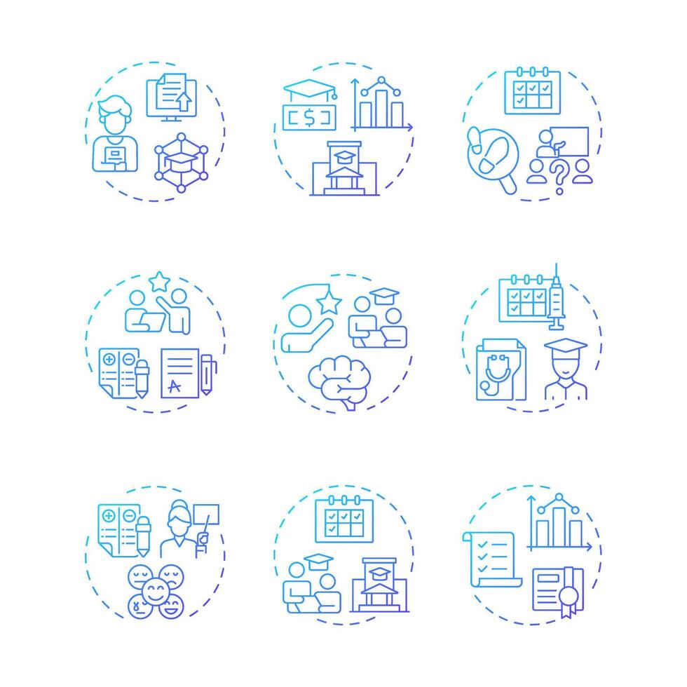 Student information systems blue gradient concept icons. Grades management. Teaching, coaching. Icon pack. Round shape illustrations for article, infographic. Abstract idea vector
