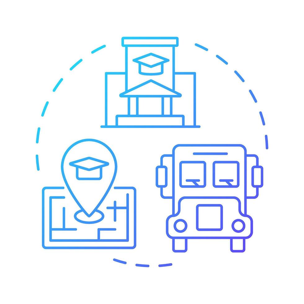 School districts blue gradient concept icon. University, college. Bus transport, geo sign. Round shape line illustration. Abstract idea. Graphic design. Easy to use in article, infographic vector