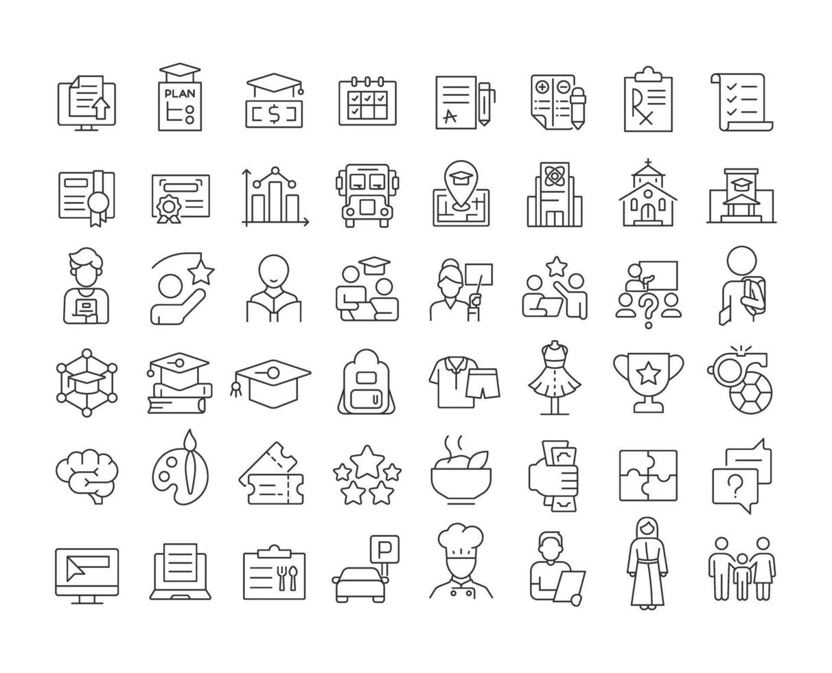 Student information systems line icons set. Dress code, school uniform. Competition trophy, achievement. Isolated outline illustrations. Thin lineart iconset symbols. Editable stroke vector