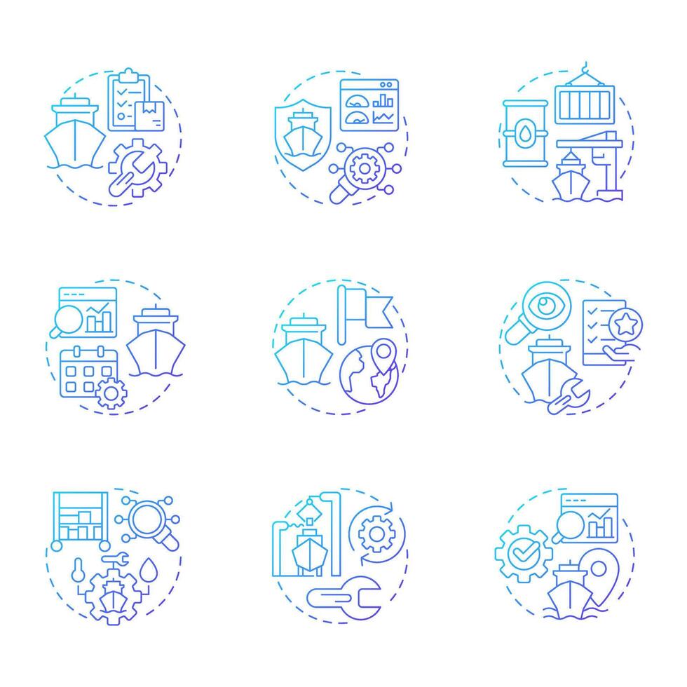 Ship management blue gradient concept icons. Maritime cargo transportation system. Delivering goods by sea. Icon pack. Round shape illustrations for presentation. Abstract idea vector