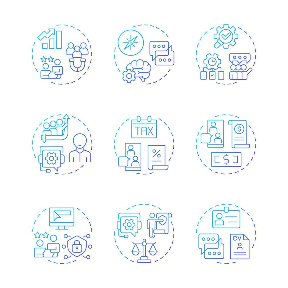 Consulting blue gradient concept icons. Business strategy, planning. Marketing, workflow. Tax management. Icon pack. Round shape illustrations for infographic. Abstract idea vector