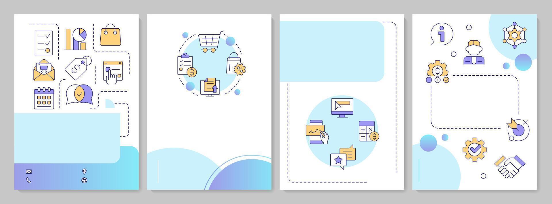 Quote management benefits blue gradient brochure layout. Product strategy, workflow. Leaflet advertising design with color line icons. Editable 4 pages vector