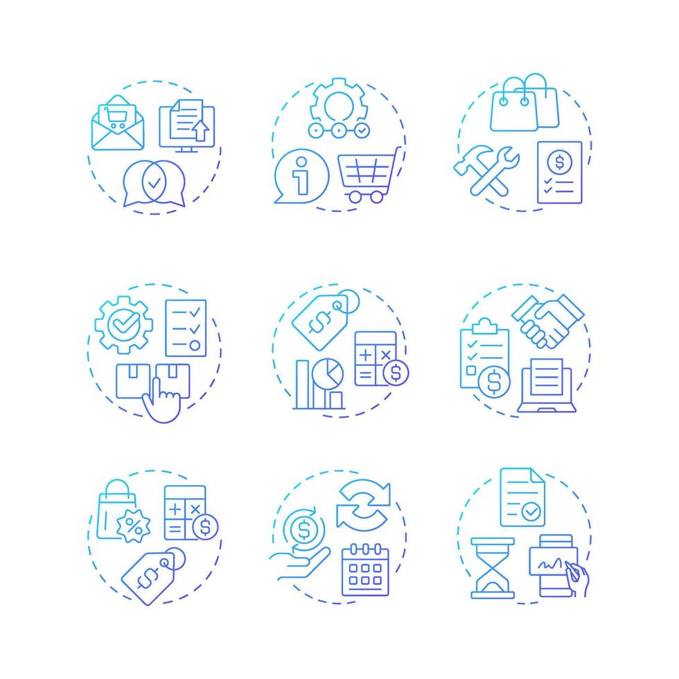 Quote management blue gradient concept icons. Price control, discount. Product strategy, development. Icon pack. Round shape illustrations for infographic, article. Abstract idea vector
