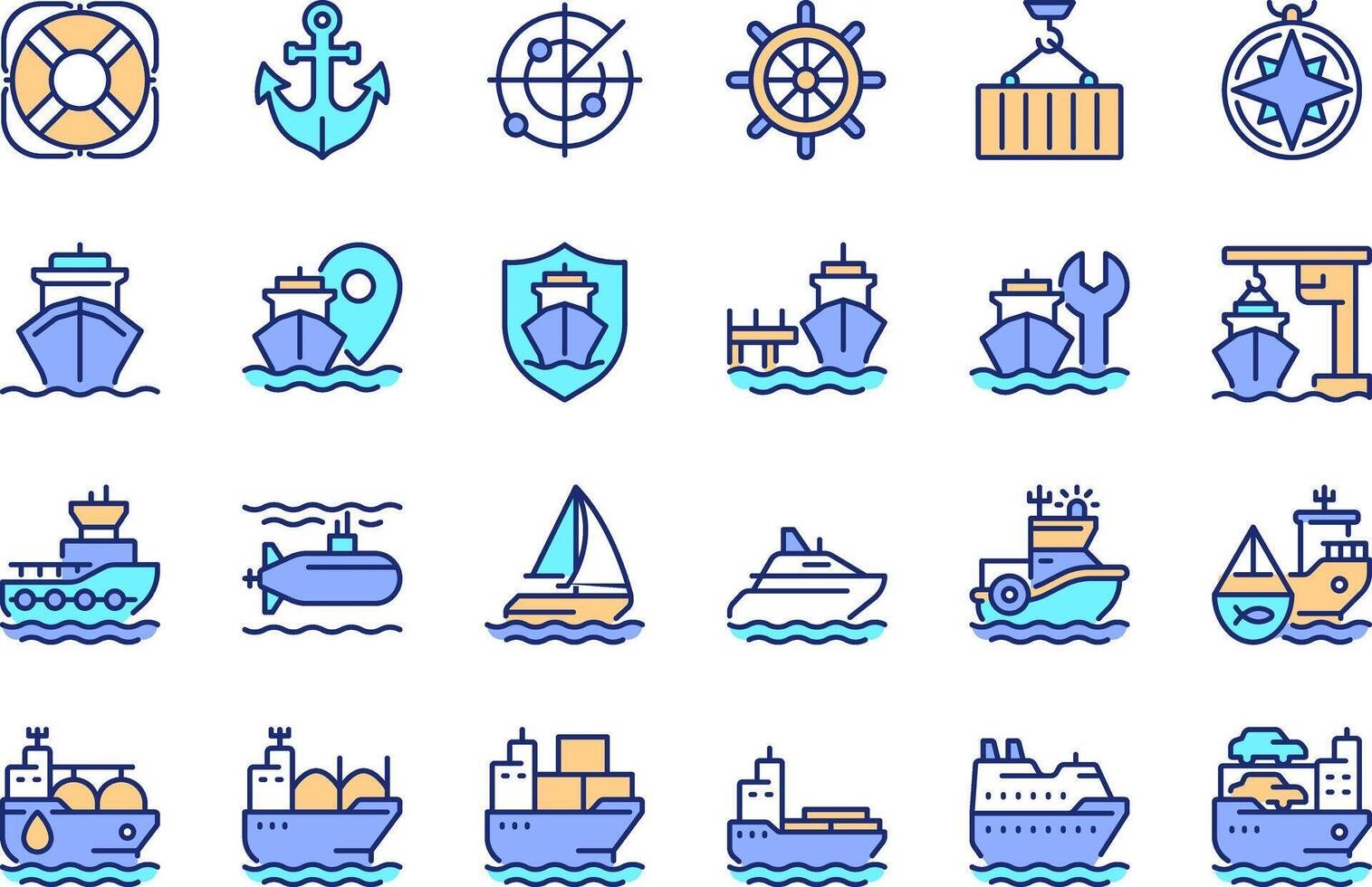 Maritime transport pixel perfect line color icons set. Transporting goods via sea routes. Shipping by watercraft. illustrations. Simple flat colorful symbols collection. Editable stroke vector